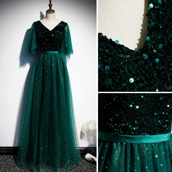 Vintage / Retro Dark Green Prom Dresses 2021 A-Line / Princess V-Neck 1/2 Sleeves Backless Floor-Length / Long Prom Formal Dresses