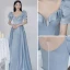 Elegant Sky Blue Satin Prom Dresses 2021 A-Line / Princess Ruffle Square Neckline Short Sleeve Backless Floor-Length / Long Prom Formal Dresses