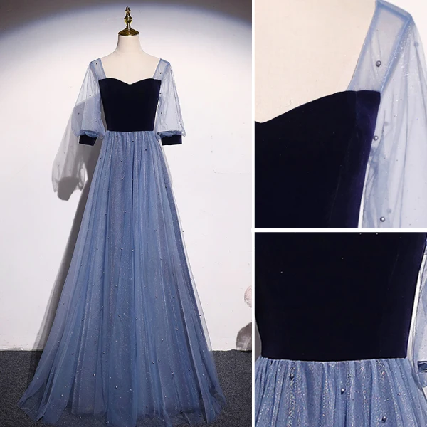 Elegant Ocean Blue Suede Pearl Prom Dresses 2021 A-Line / Princess Square Neckline 1/2 Sleeves Backless Floor-Length / Long Prom Formal Dresses