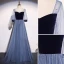 Elegant Ocean Blue Suede Pearl Prom Dresses 2021 A-Line / Princess Square Neckline 1/2 Sleeves Backless Floor-Length / Long Prom Formal Dresses