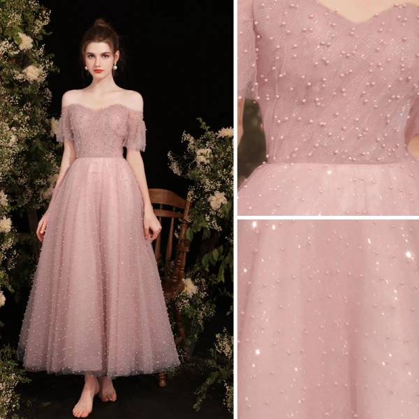Chic / Beautiful Dusky Pink Glitter Pearl Prom Dresses 2021 A-Line / Princess Off-The-Shoulder Short Sleeve Backless Tea-length Prom Formal Dresses