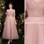 Chic / Beautiful Dusky Pink Glitter Pearl Prom Dresses 2021 A-Line / Princess Off-The-Shoulder Short Sleeve Backless Tea-length Prom Formal Dresses