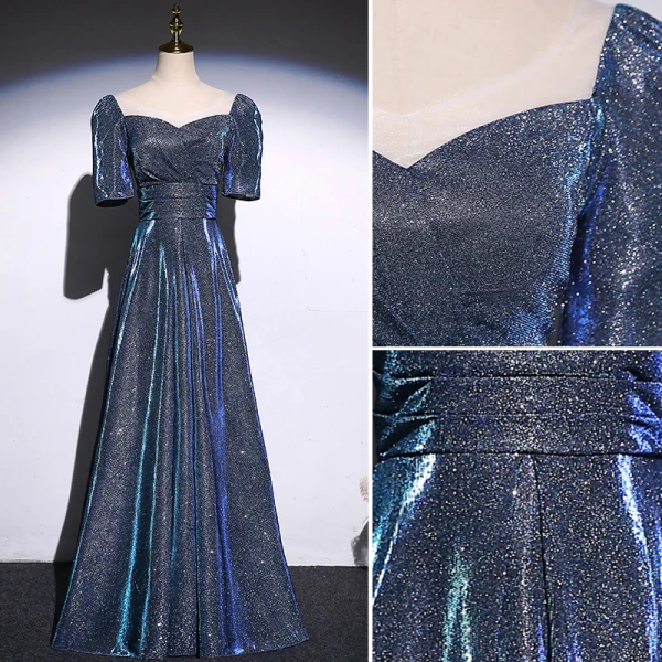Scintillantes Océan Bleu Glitter Robe De Bal 2021 Princesse Encolure Carrée Manches Courtes Dos Nu Longue Promo Robe De Ceremonie