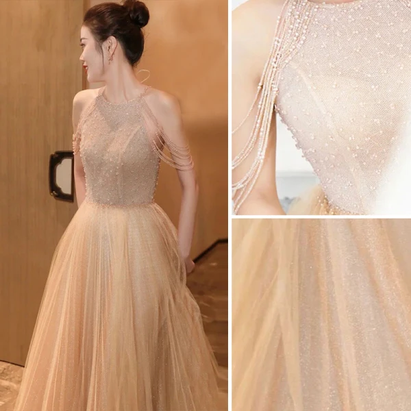 Charming Champagne Prom Dresses A-Line / Princess 2021 Halter Beading Tassel Sleeveless Backless Floor-Length / Long Prom Formal Dresses