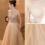 Charming Champagne Prom Dresses A-Line / Princess 2021 Halter Beading Tassel Sleeveless Backless Floor-Length / Long Prom Formal Dresses