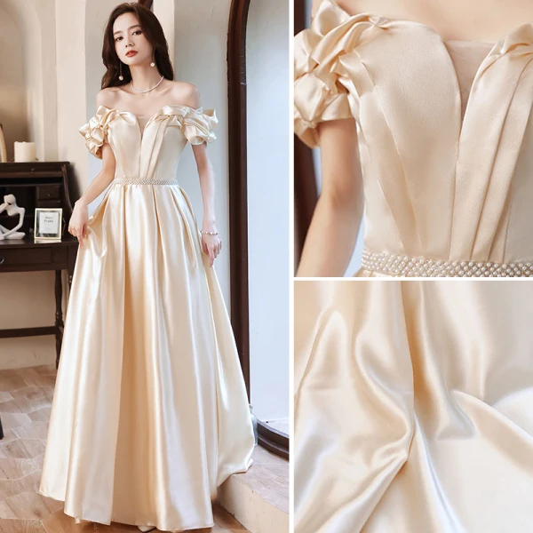Fashion Champagne Satin Prom Dresses 2021 A-Line / Princess Ruffle Off-The-Shoulder Pearl Sash Short Sleeve Backless Floor-Length / Long Prom Formal Dresses