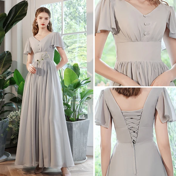 Modest / Simple Grey Graduation Dresses 2021 A-Line / Princess Scoop Neck Backless Floor-Length / Long Bridesmaid Short Sleeve Formal Dresses
