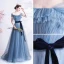 Chic / Beautiful Pool Blue Glitter Prom Dresses 2021 A-Line / Princess Off-The-Shoulder Short Sleeve Backless Bow Floor-Length / Long Prom Formal Dresses