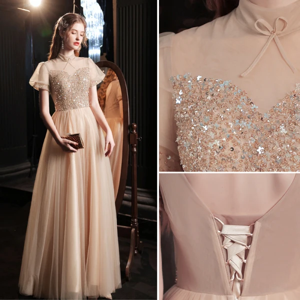 Charmant Doré Étoile Paillettes Robe De Bal 2021 Princesse Col Haut Perlage Manches Courtes Dos Nu Noeud Longue Promo Robe De Ceremonie