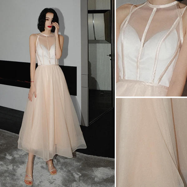 Fashion Champagne Prom Dresses 2021 A-Line / Princess Scoop Neck Sash Sleeveless Tea-length Prom Formal Dresses