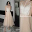 Fashion Champagne Prom Dresses 2021 A-Line / Princess Scoop Neck Sash Sleeveless Tea-length Prom Formal Dresses