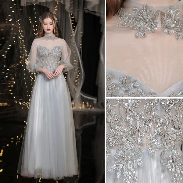 Elegant Grey Beading Evening Dresses Prom Dresses 2021 A-Line / Princess High Neck Appliques Lace Flower Pearl 3/4 Sleeve Backless Floor-Length / Long Prom Formal Dresses