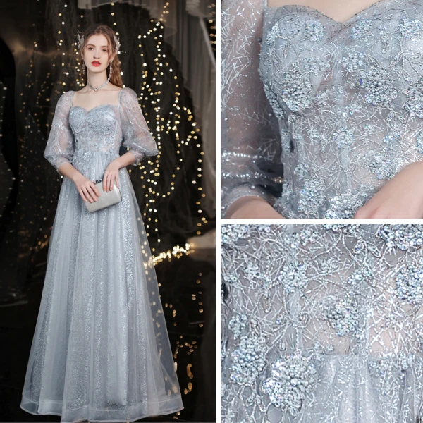Glitzernden Silber Perlenstickerei Pailletten Strass Abendkleider Ballkleider 2021 A Linie Eckiger Ausschnitt Spitze Blumen 3/4 Ärmel Rückenfreies Lange Abend Ball Festliche Kleider