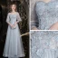 Glitzernden Silber Perlenstickerei Pailletten Strass Abendkleider Ballkleider 2021 A Linie Eckiger Ausschnitt Spitze Blumen 3/4 Ärmel Rückenfreies Lange Abend Ball Festliche Kleider