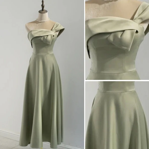 Simple Vert Cendré Satin Robe Demoiselle D'honneur 2021 Princesse Dos Nu Thé Longueur Robe Pour Mariage