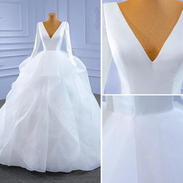 Vintage Weiß Satin Fallende Rüsche Brautkleider / Hochzeitskleider 2021 Ballkleid V-Ausschnitt Lange Ärmel Hof-Schleppe Hochzeit