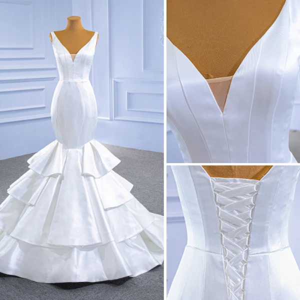 Haut de Gamme Ivoire Volants en Cascade Satin Robe De Mariée 2021 Trompette / Sirène V-Cou Sans Manches Dos Nu Tribunal Train Mariage