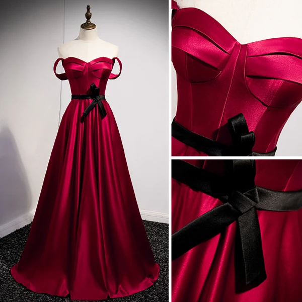 Vintage / Retro Burgundy Satin Prom Dresses 2021 A-Line / Princess Strapless Bow Sleeveless Backless Floor-Length / Long Prom Formal Dresses