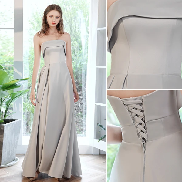 Modest / Simple Grey Satin Bridesmaid Dresses 2021 A-Line / Princess Short Sleeve Backless Floor-Length / Long Wedding Party Dresses