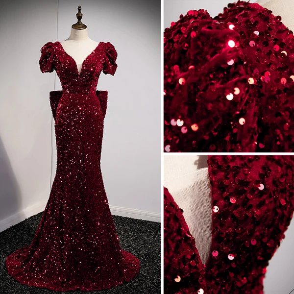 Sparkly Burgundy Sequins Evening Dresses 2021 Trumpet / Mermaid V-Neck Short Sleeve Backless Bow Floor-Length / Long Evening Party Formal Dresses