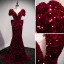 Sparkly Burgundy Sequins Evening Dresses  2021 Trumpet / Mermaid V-Neck Short Sleeve Backless Bow Floor-Length / Long Evening Party Formal Dresses