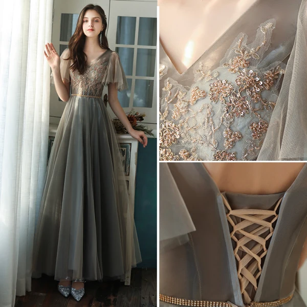 Chic / Belle Gris Robe Demoiselle D'honneur 2021 Princesse Manches Courtes Dos Nu Perlage Perle En Dentelle Fleur Paillettes Longue Demoiselle D'honneur Robe Pour Mariage