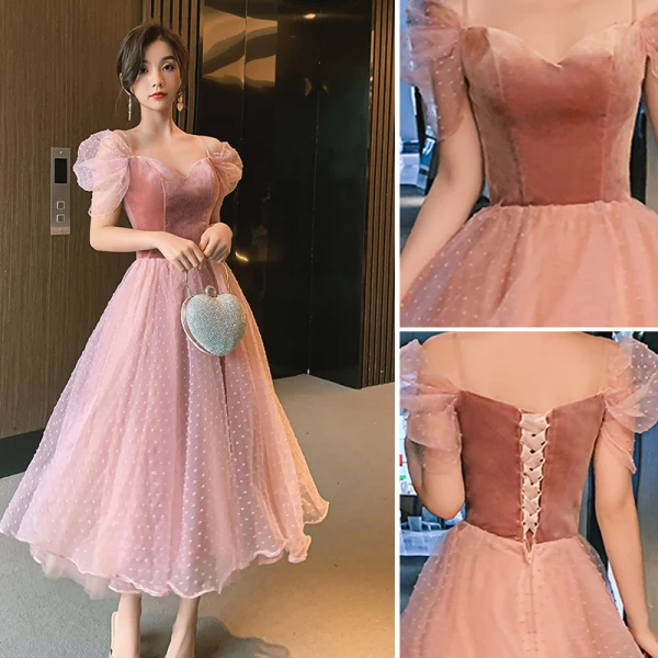 Chic / Belle Rougissant Rose Daim Robe Demoiselle D'honneur 2021 Princesse Encolure Carrée Manches Courtes Dos Nu Thé Longueur Robe Pour Mariage