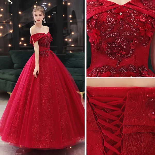 Chic / Belle Bordeaux Faux Diamant Paillettes Robe De Bal 2021 Robe Boule De l'épaule Appliques Manches Courtes Dos Nu Longue Promo Robe De Ceremonie