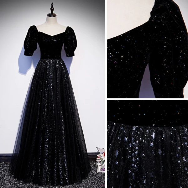 Bling Bling Sternenklarer Himmel Schwarz Star Pailletten Ballkleider 2021 A Linie Eckiger Ausschnitt Kurze Ärmel Rückenfreies Lange Ball Festliche Kleider