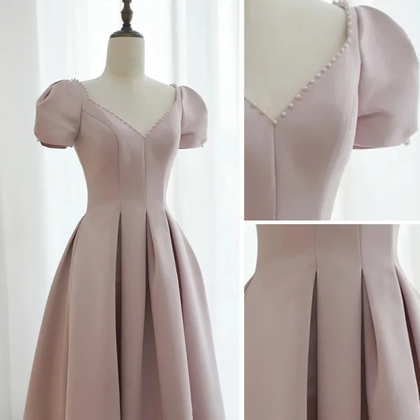 Modest / Simple Blushing Pink Satin Prom Dresses 2021 A-Line / Princess Spaghetti Straps Pearl Rhinestone Short Sleeve Backless Floor-Length / Long Prom Formal Dresses