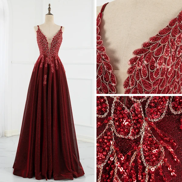 Scintillantes Charmant Bordeaux Robe De Bal Robe De Soirée 2021 Princesse Bretelles Spaghetti Perlage Paillettes Sans Manches Dos Nu Longue Promo Robe De Ceremonie