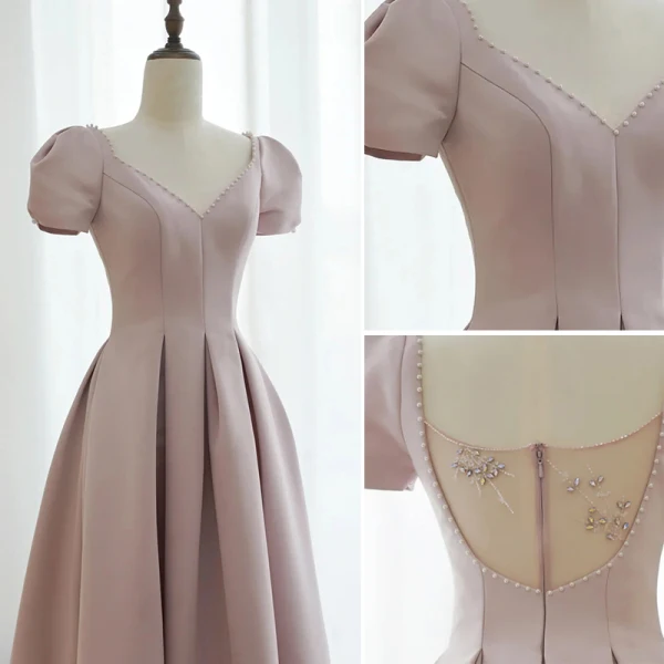Vintage / Retro Dusky Pink Prom Dresses 2021 A-Line / Princess V-Neck Pearl Rhinestone Short Sleeve Backless Floor-Length / Long Prom Formal Dresses