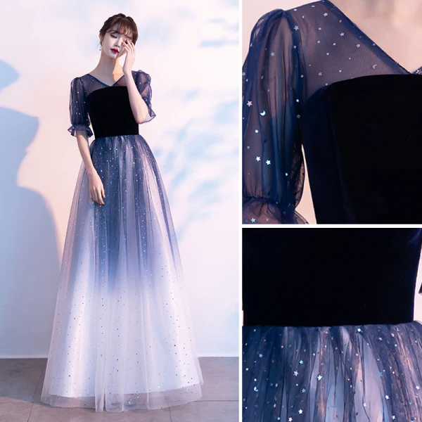 Chic / Beautiful Ocean Blue Star Sequins Prom Dresses 2021 A-Line / Princess V-Neck Suede 1/2 Sleeves Backless Floor-Length / Long Prom Formal Dresses