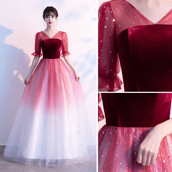 Elegant Burgundy Suede Prom Dresses 2021 A-Line / Princess V-Neck Star Sequins 1/2 Sleeves Backless Floor-Length / Long Prom Formal Dresses