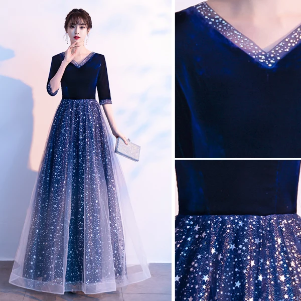 Vintage Retro Ocean Blue Suede Prom Dresses 2021 A-Line Princess V-Neck Star Sequins 1/2
