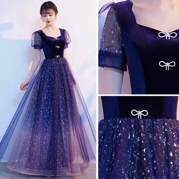 Bling Bling Bleu Roi Étoile Paillettes Faux Diamant Noeud Robe De Bal 2021 Princesse Encolure Carrée Manches Courtes Dos Nu Longue Promo Robe De Ceremonie