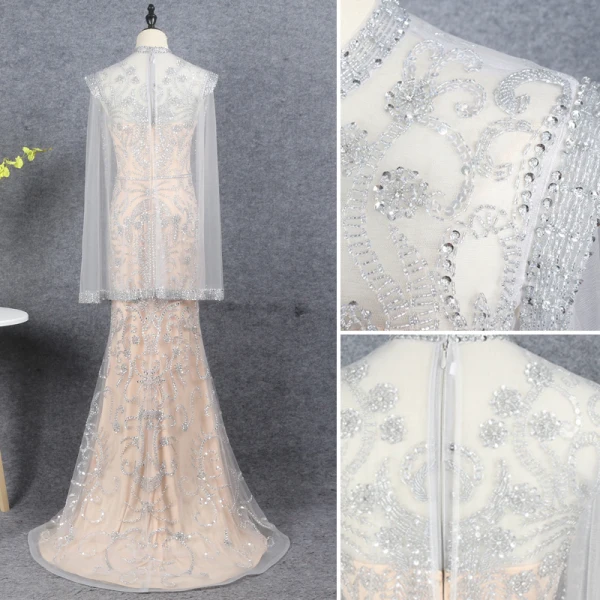 Haut de Gamme Champagne Fait main Perlage Robe De Soirée 2021 Trompette / Sirène Col Haut Manches Longues Cristal Paillettes Longue Soirée Robe De Ceremonie