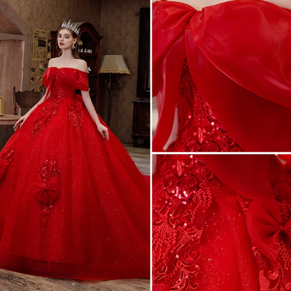 Modern / Fashion Red Sequins Lace Flower Wedding Dresses 2021 Ball Gown Off-The-Shoulder Bow Short Sleeve Backless Royal Train Wedding