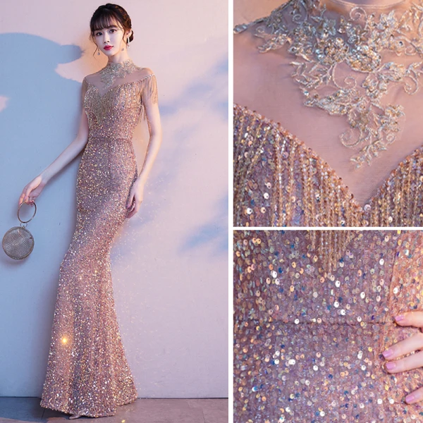 Sparkly Gold Sequins Beading Tassel Evening Dresses  2021 Trumpet / Mermaid High Neck Short Sleeve Floor-Length / Long Evening Party Formal Dresses