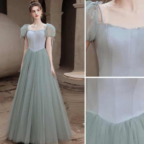 Fashion Sage Green Prom Dresses 2021 A-Line / Princess Square Neckline Puffy Short Sleeve Backless Floor-Length / Long Prom Formal Dresses
