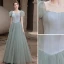 Fashion Sage Green Prom Dresses 2021 A-Line / Princess Square Neckline Puffy Short Sleeve Backless Floor-Length / Long Prom Formal Dresses