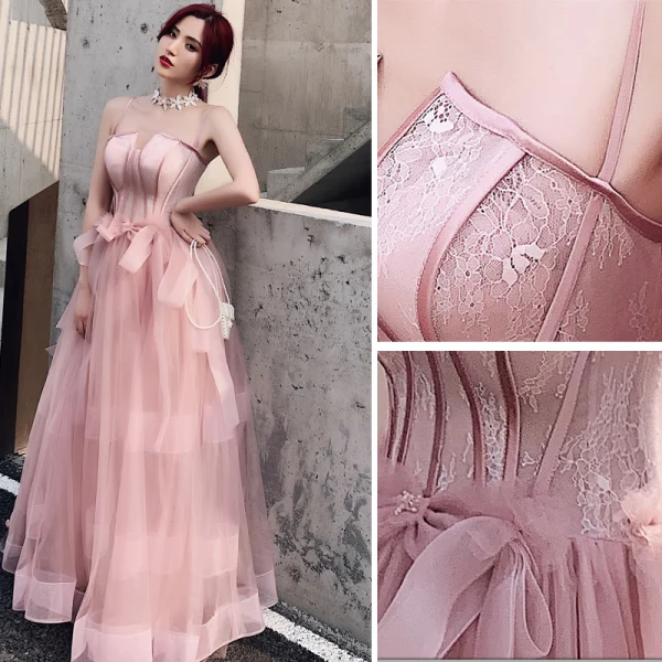 Elegant Dusky Pink Prom Dresses 2021 A-Line / Princess Spaghetti Straps Lace Flower Bow Sleeveless Backless Floor-Length / Long Prom Formal Dresses