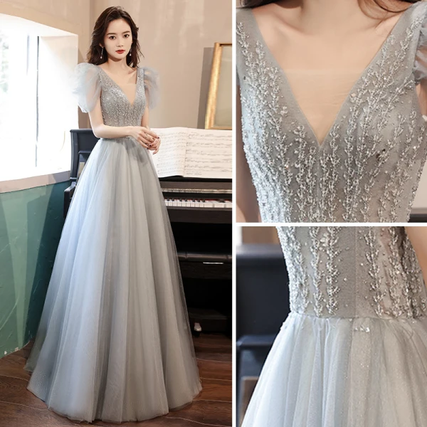 Charming Grey Evening Dresses Evening Dresses  2021 A-Line / Princess V-Neck Beading Short Sleeve Backless Floor-Length / Long Evening Party Formal Dresses