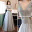 Charming Grey Evening Dresses Evening Dresses  2021 A-Line / Princess V-Neck Beading Short Sleeve Backless Floor-Length / Long Evening Party Formal Dresses