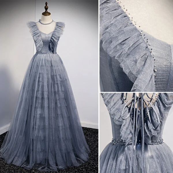 Charming Sky Blue Grey Prom Dresses 2021 A-Line / Princess Scoop Neck Ruffle Short Sleeve Beading Backless Bow Floor-Length / Long Prom Formal Dresses