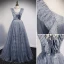 Charming Sky Blue Grey Prom Dresses 2021 A-Line / Princess Scoop Neck Ruffle Short Sleeve Beading Backless Bow Floor-Length / Long Prom Formal Dresses