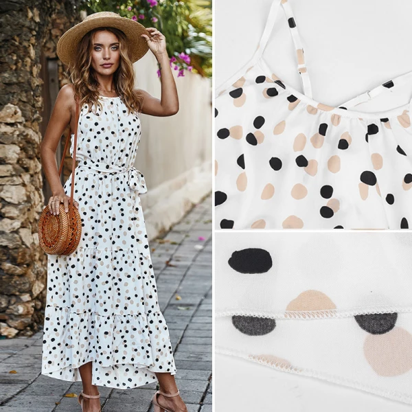 Bohemia Summer Beach Street Wear Black White Spotted 2021 A-Line / Princess Halter Sash Bow Sleeveless Tea-length Maxi Dresses Women Maxi Dresses Dresses