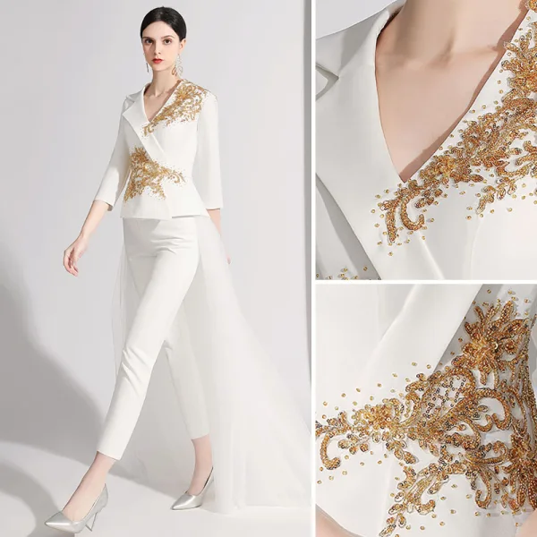 Mode Ivory / Creme Pailletten Abend Overall 2021 V-Ausschnitt 3/4 Ärmel Rückenfreies Lange Abendkleider