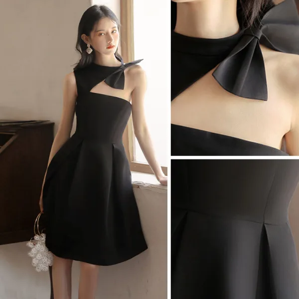 Fashion Summer Black Homecoming Graduation Dresses 2021 A-Line / Princess One-Shoulder Sleeveless Backless Bow Knee-Length Formal Dresses