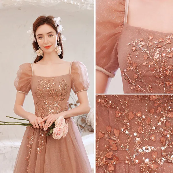 Vintage / Originale Rougissant Rose Glitter Perlage Paillettes Robe De Soirée 2021 Princesse Appliques Encolure Carrée Manches Courtes Dos Nu Longue Soirée Robe De Ceremonie